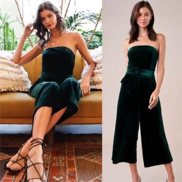 boho green Velvet strapless Front Buckle Belt Jump - Picture 2 of 10